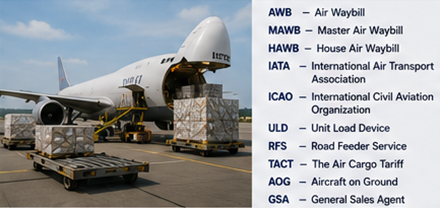 Air cargo operations with freight airplane airport logistics and abbreviations for international air freight transport and customs procedures