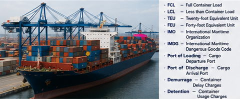 Container shipping operations with cargo vessels port terminals and abbreviations for maritime freight transport and international logistics