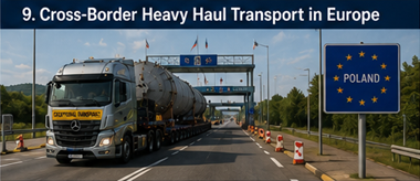 International oversized transport convoy crossing European borders