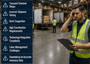 Busy logistics terminal facing cross-docking coordination and transport challenges