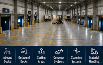 Cross-docking terminal with loading docks trucks and sorting operations