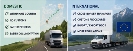 Domestic and international freight transport across European borders with logistics trucks
