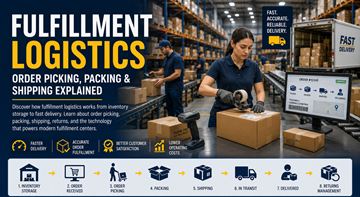 Modern fulfillment logistics warehouse with workers packing online orders and preparing shipments