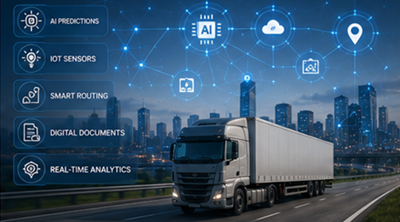 Future logistics technology with AI shipment tracking smart transport systems and digital supply chain visibility