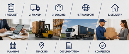 Freight transport process from pickup to delivery with logistics operations and cargo handling