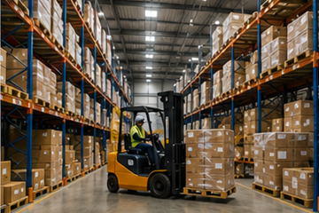 Large logistics warehouse with storage racks forklifts and pallets